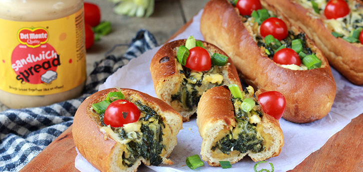 Del Monte Bread boats filled with spinach eggs Del Monte Sandwich spreadÂ  Recipe